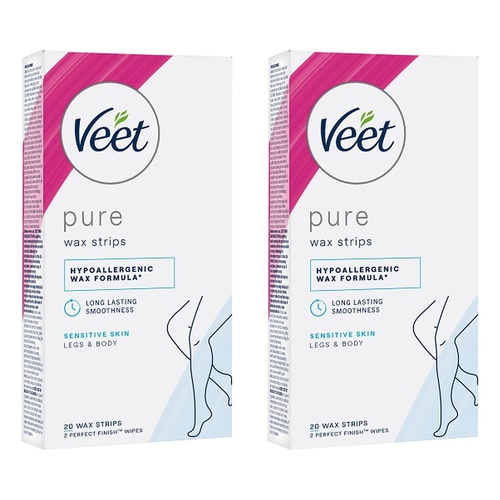 Veet PURE Cold Wax Strips Legs & Body Sensitive Skin 20 Pack Bundle of 2