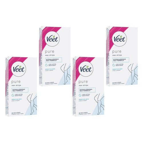 Veet PURE Cold Wax Strips Legs & Body Sensitive Skin 20 Pack Bundle of 4