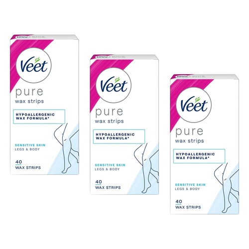 Veet PURE Cold Wax Strips Legs & Body Sensitive Skin 40 Pack Bundle of 3