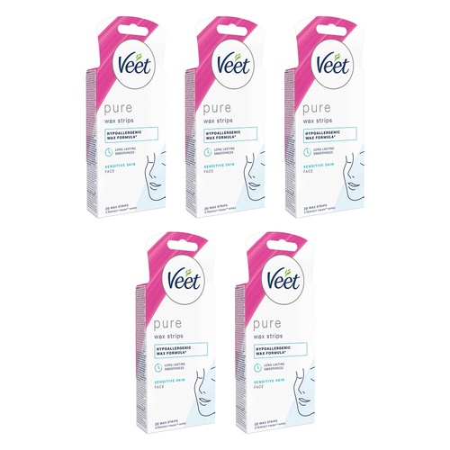 Veet PURE Cold Wax Strips Face Sensitive Skin 20 Pack Bundle of 5