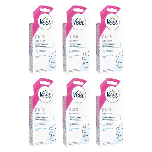 Veet PURE Cold Wax Strips Face Sensitive Skin 20 Pack Bundle of 6