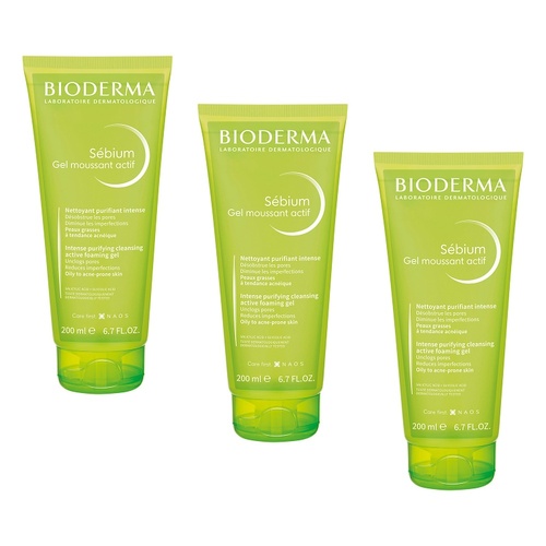 Bioderma Sebium Anti-Blemish Deep Cleansing Gel Moussant Actif 200mL Pack of 3
