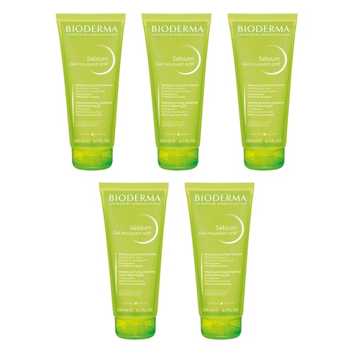 Bioderma Sebium Anti-Blemish Deep Cleansing Gel Moussant Actif 200mL Pack of 5