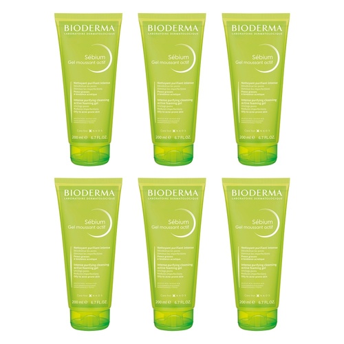 Bioderma Sebium Anti-Blemish Deep Cleansing Gel Moussant Actif 200mL Pack of 6