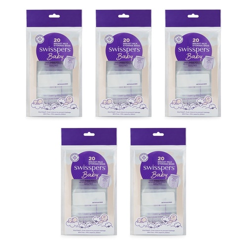 Swisspers Breast Milk Storage Bags 20 Pack Bundle of 5