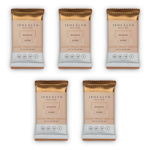 JSHealth Beauty Bar Nourish + Glow Peanut Butter Crunch 45g x 12 Bundle of 5