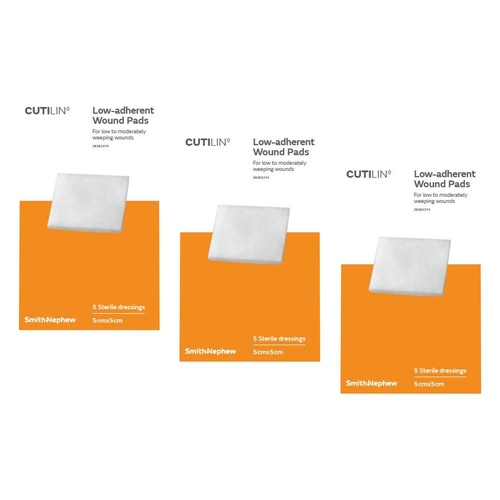 Cutilin Non-Stick Low Adherent Wound Pad 5cm x 5cm Sterile 5 Pack Bundle of 3