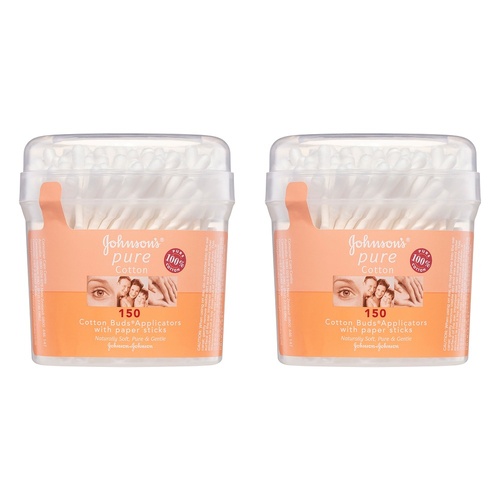Johnson's Pure Cotton Buds Applicators with Paper Sticks 150 Pack Bundle of 2