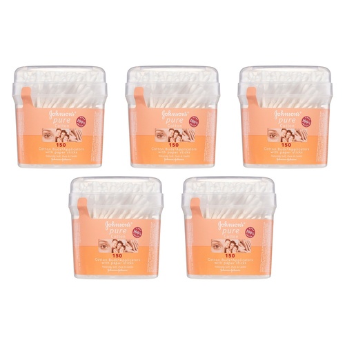 Johnson's Pure Cotton Buds Applicators with Paper Sticks 150 Pack Bundle of 5