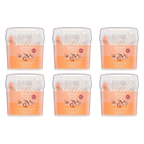 Johnson's Pure Cotton Buds Applicators with Paper Sticks 150 Pack Bundle of 6