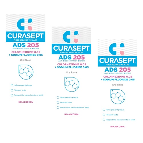 Curasept Chlorhexidine 0.05% Oral Rinse Mouthwash 200mL Pack of 3