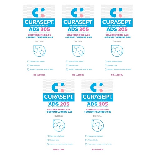 Curasept Chlorhexidine 0.05% Oral Rinse Mouthwash 200mL Pack of 5