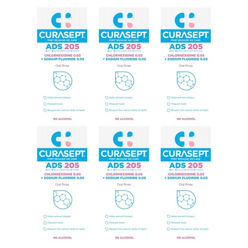 Curasept Chlorhexidine 0.05% Oral Rinse Mouthwash 200mL Pack of 6