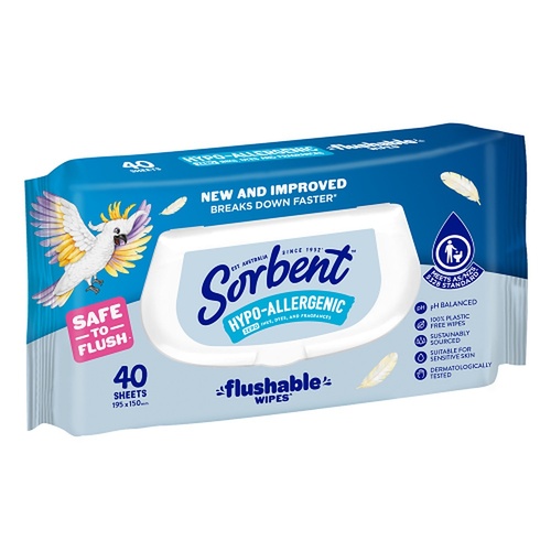 Sorbent Hypo-Allergenic Flushable Wipes 40 Pack x 14