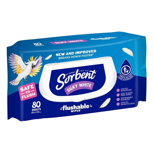 Sorbent Silky White Flushable Wipes 80 Pack x 12