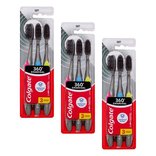 Colgate 360 Charcoal Soft Spiral Toothbrush 3 Pack Bundle of 3
