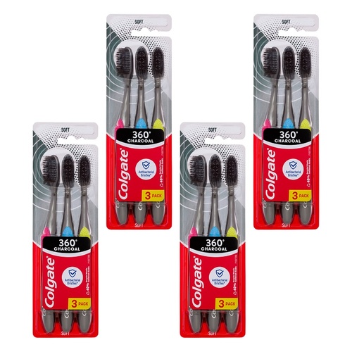 Colgate 360 Charcoal Soft Spiral Toothbrush 3 Pack Bundle of 4