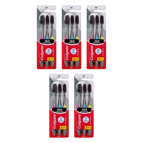 Colgate 360 Charcoal Soft Spiral Toothbrush 3 Pack Bundle of 5