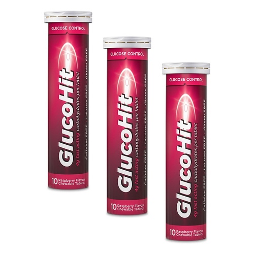 GlucoHit Glucose 4mg Raspberry Tube 10 Tablets Pack of 3