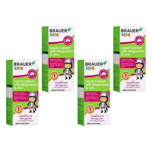 Brauer Baby & Kids Liquid Calcium with Magnesium and Zinc 200mL Pack of 4