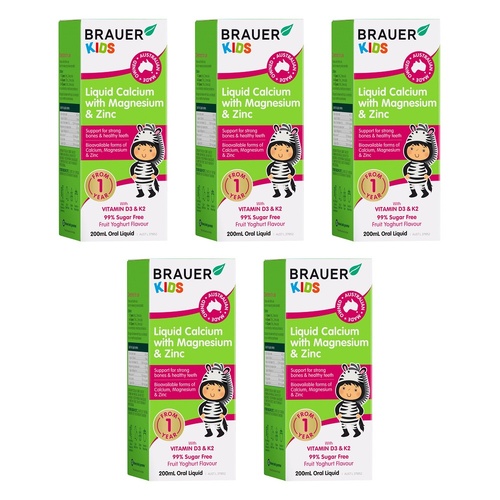 Brauer Baby & Kids Liquid Calcium with Magnesium and Zinc 200mL Pack of 5