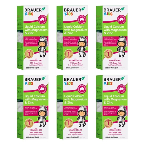 Brauer Baby & Kids Liquid Calcium with Magnesium and Zinc 200mL Pack of 6
