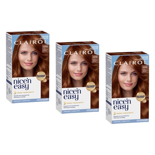 Clairol Nice 'N Easy 6RB Light Chestnut Brown Permanent Hair Colour Pack of 3
