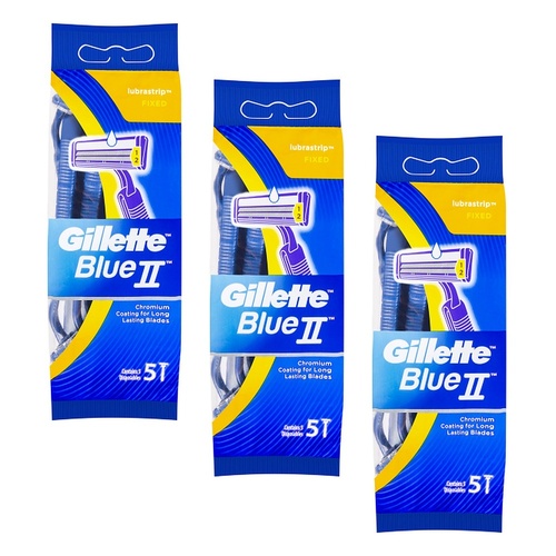 Gillette Blue II Disposable Razor, 5 Pack x 12 Bundle of 3