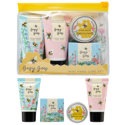 Heathcote & Ivory Busy Bee Vegan Honey Travel Gift Set Hand Cream Wash Soak Balm