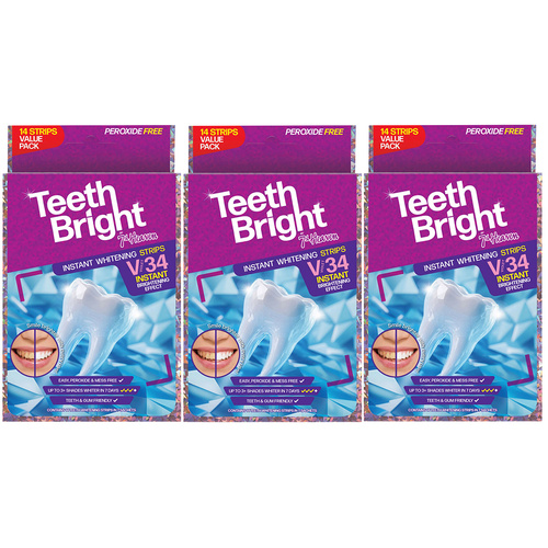 7TH Heaven Teeth Bright Peroxide Free Whitening Strips 14 Treatments Pack Of 3