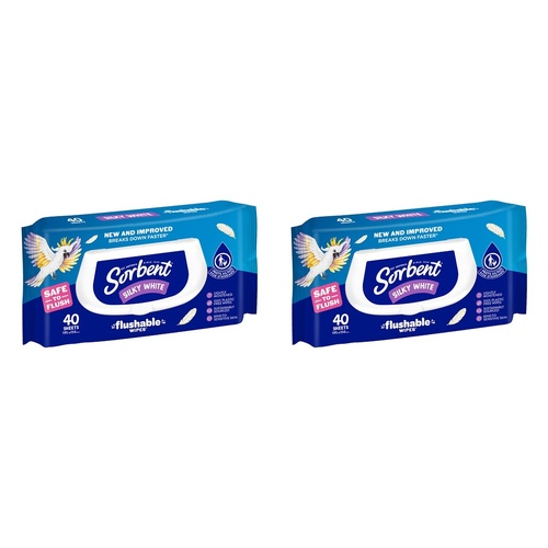 Sorbent Silky White Flushable Wipes 40 Pack Bundle of 2