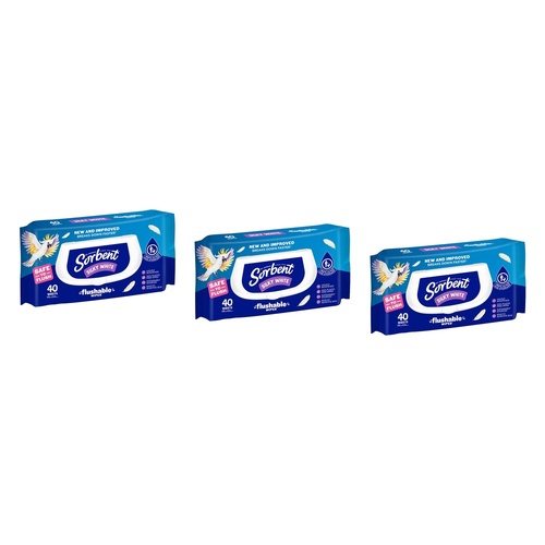 Sorbent Silky White Flushable Wipes 40 Pack Bundle of 3