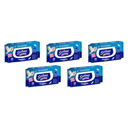 Sorbent Silky White Flushable Wipes 40 Pack Bundle of 5