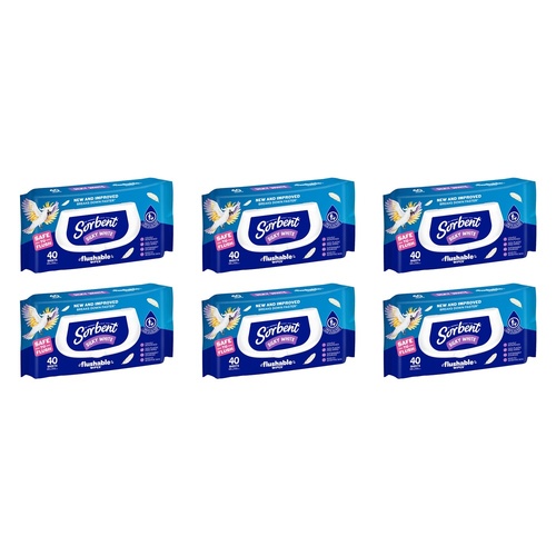 Sorbent Silky White Flushable Wipes 40 Pack Bundle of 6