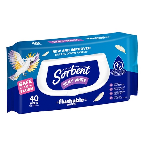 Sorbent Silky White Flushable Wipes 40 Pack