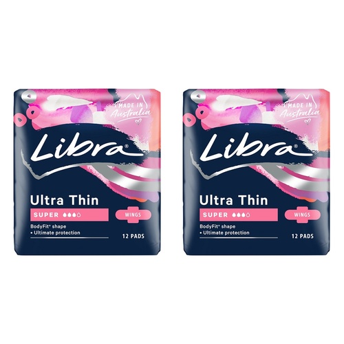 Libra Ultra Thin Super Pads with Wings 12 Pack x 6 Bundle of 2