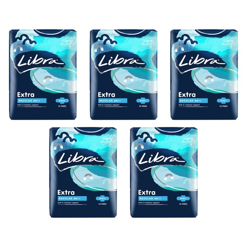 Libra Extra Regular Pads with Wings 14 Pack x 6 Bundle of 5