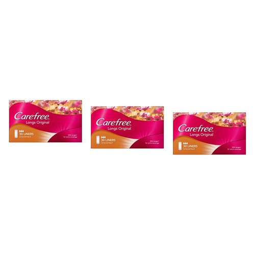 Carefree Longs Original Liners 30 Pack x 4 Bundle of 3