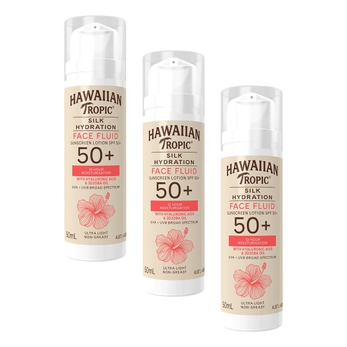 Hawaiian Tropic Silk Hydration Face Fluid Sunscreen SPF50+ 50mL Pack of 3