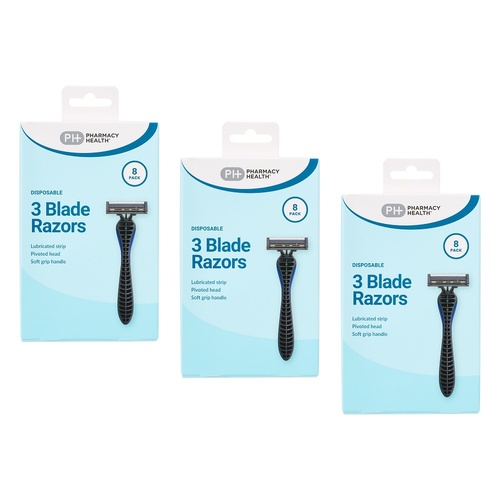 Pharmacy Health Plus Mens Disposable Razors 8 Pack Bundle of 3