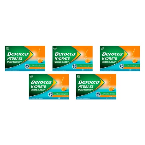 Berocca Hydrate Orange Flavour 20 Effervescent Tablets Pack of 5