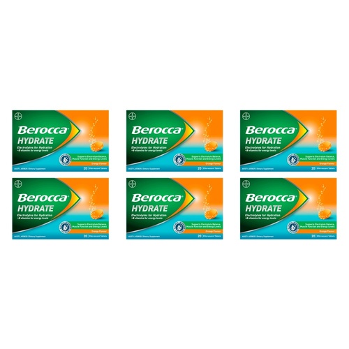 Berocca Hydrate Orange Flavour 20 Effervescent Tablets Pack of 6