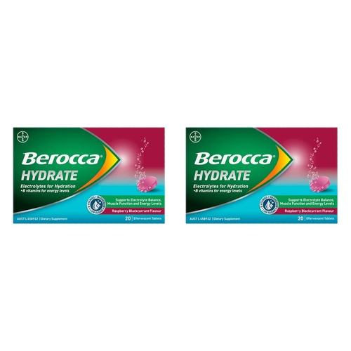 Berocca Hydrate Raspberry Blackcurrant Flavour 20 Effervescent Tablets Pack of 2