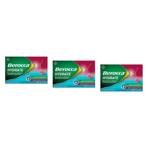 Berocca Hydrate Raspberry Blackcurrant Flavour 20 Effervescent Tablets Pack of 3