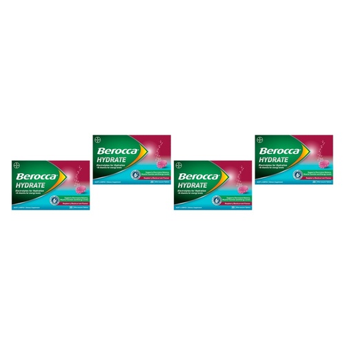 Berocca Hydrate Raspberry Blackcurrant Flavour 20 Effervescent Tablets Pack of 4