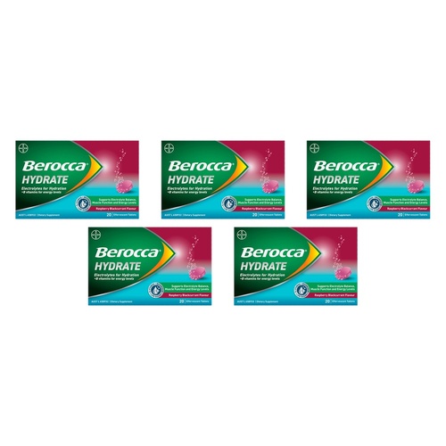Berocca Hydrate Raspberry Blackcurrant Flavour 20 Effervescent Tablets Pack of 5