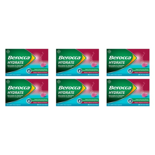Berocca Hydrate Raspberry Blackcurrant Flavour 20 Effervescent Tablets Pack of 6