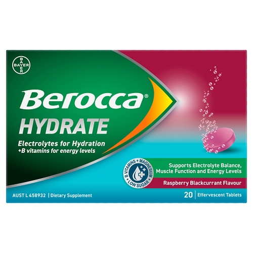 Berocca Hydrate Raspberry Blackcurrant Flavour 20 Effervescent Tablets