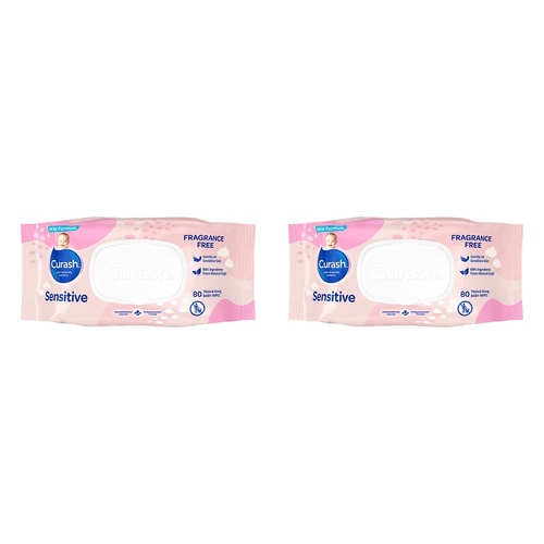 Curash Sensitive Fragrance Free Wipes, 99% Natural Origin, 80 Pack Bundle of 2