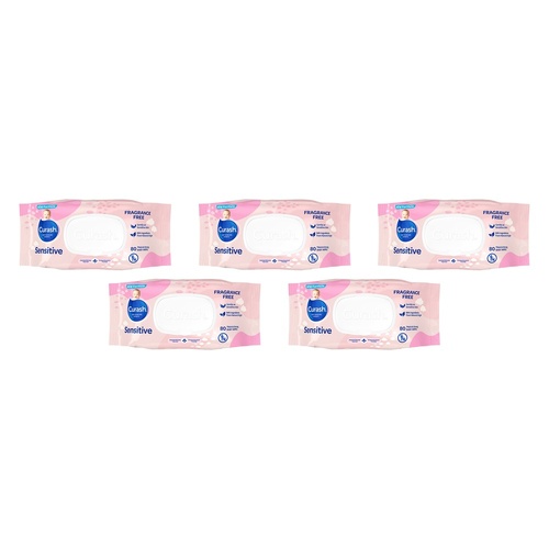 Curash Sensitive Fragrance Free Wipes, 99% Natural Origin, 80 Pack Bundle of 5
